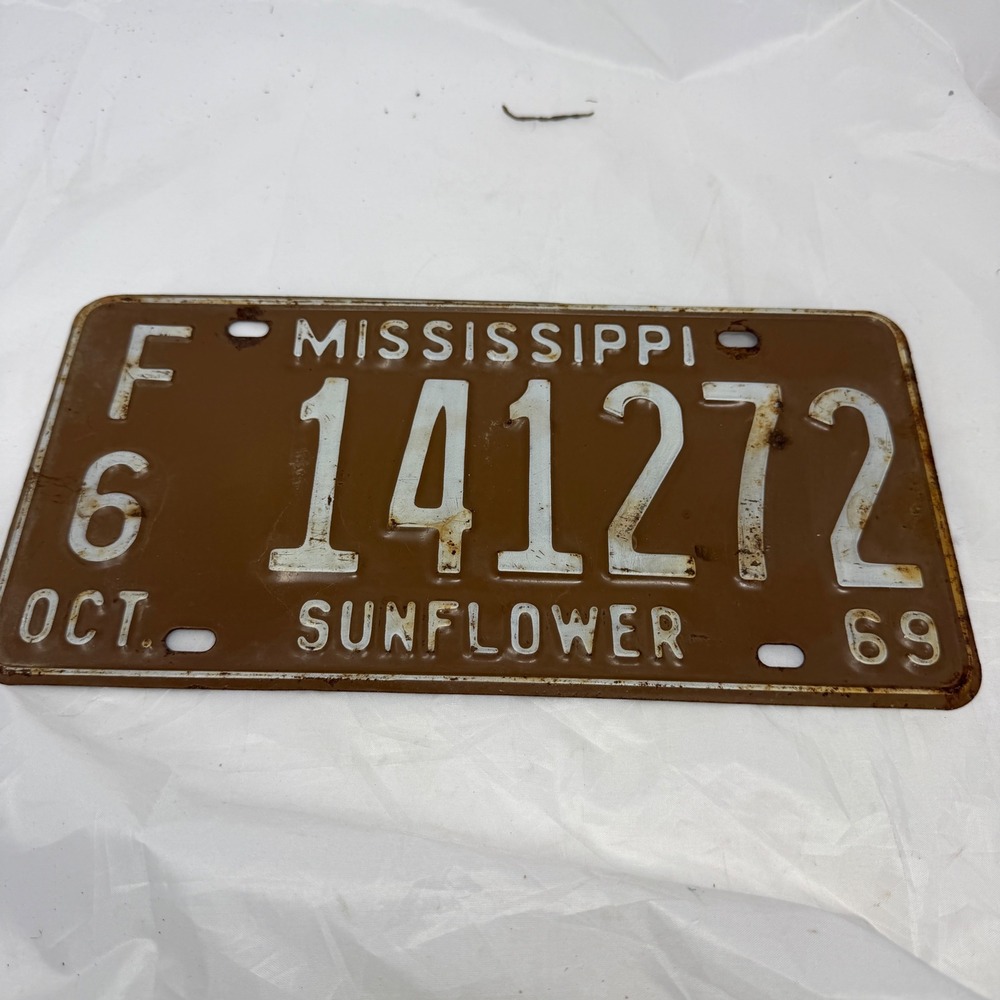 Vintage 1969 Mississippi License Plate Sunflower County Brown White 141272 MS